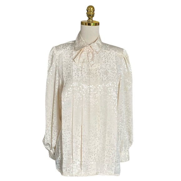 Sheridan Square Vintage 90s Cream Floral Pleated High Neck Secretary Top Size 14 - Picture 1 of 8